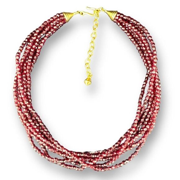 Seven Strands Red Stones Beaded Necklace over Gold Plated Hook Clasp 17-20" - Picture 1 of 7